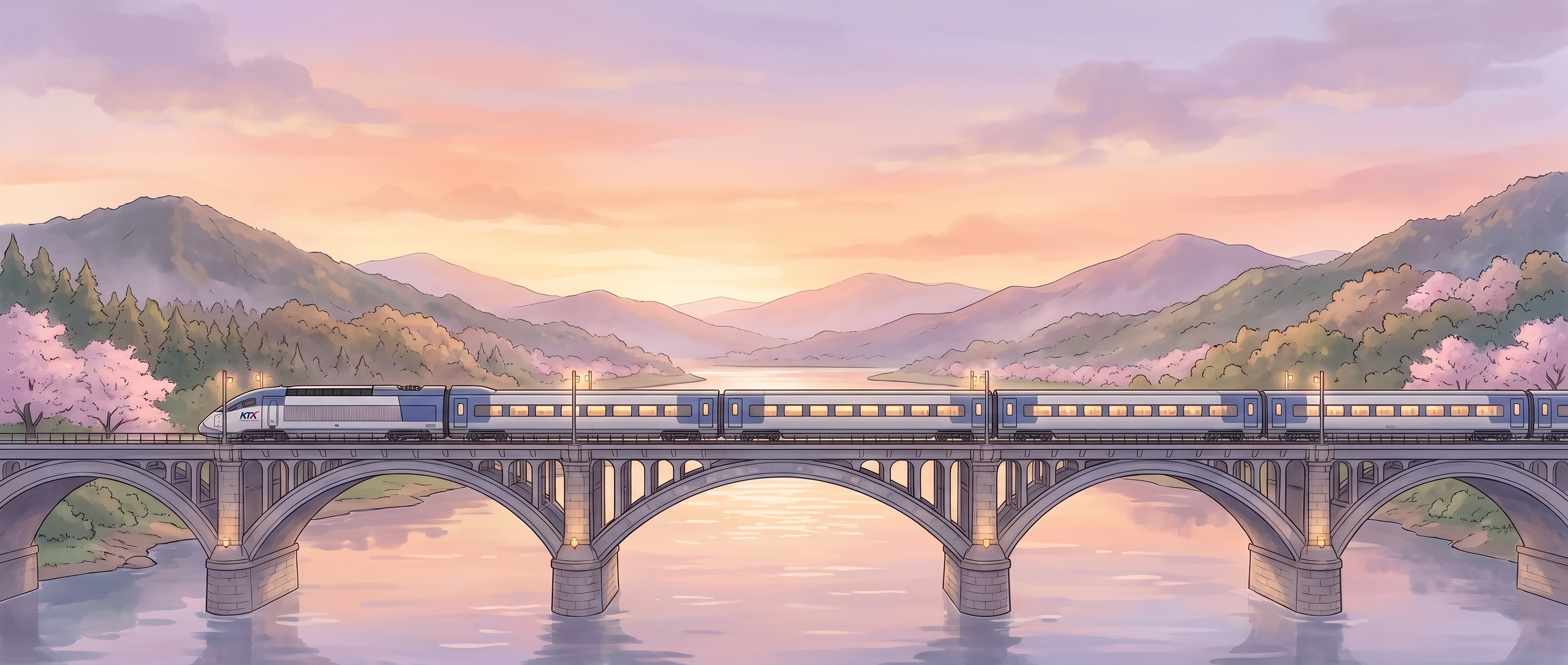 KTX high-speed train crossing a bridge at sunset