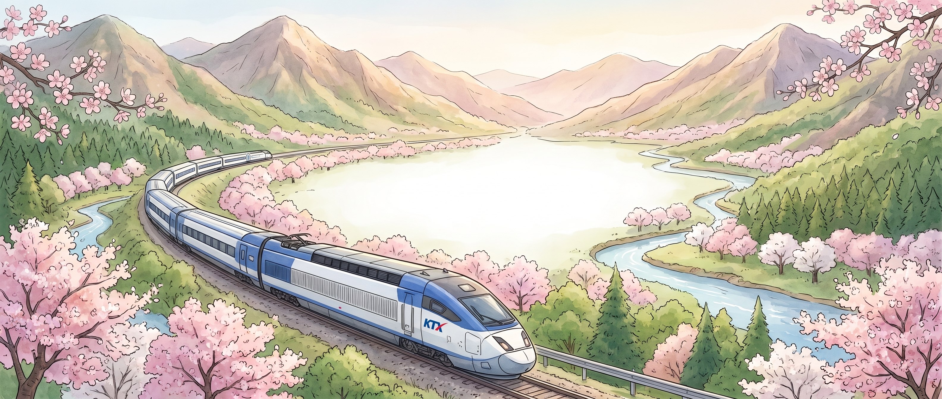 KTX high-speed train following a river through a cherry blossom valley