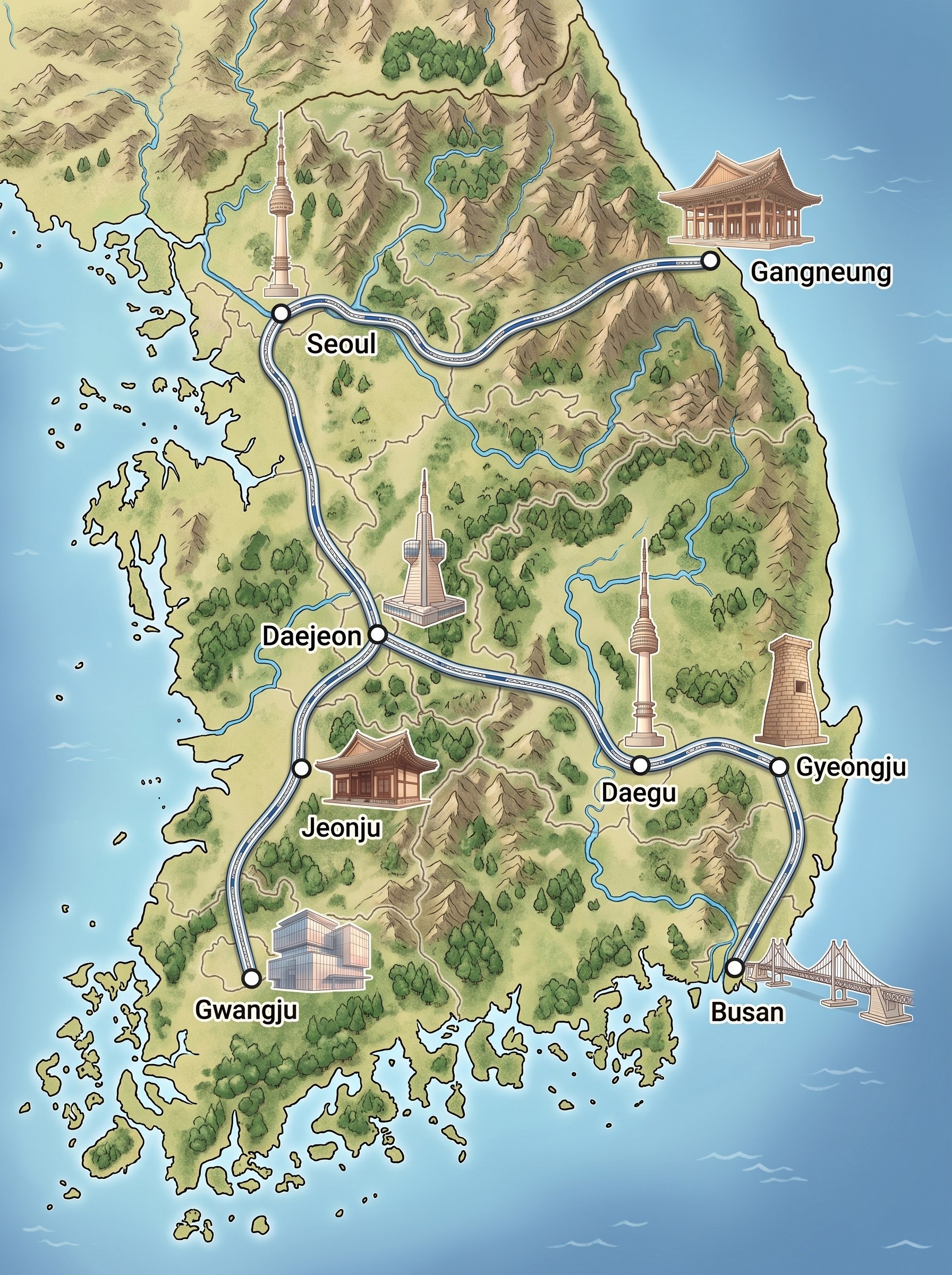 Map of the KTX high-speed rail network across South Korea, Seoul to Gwangju